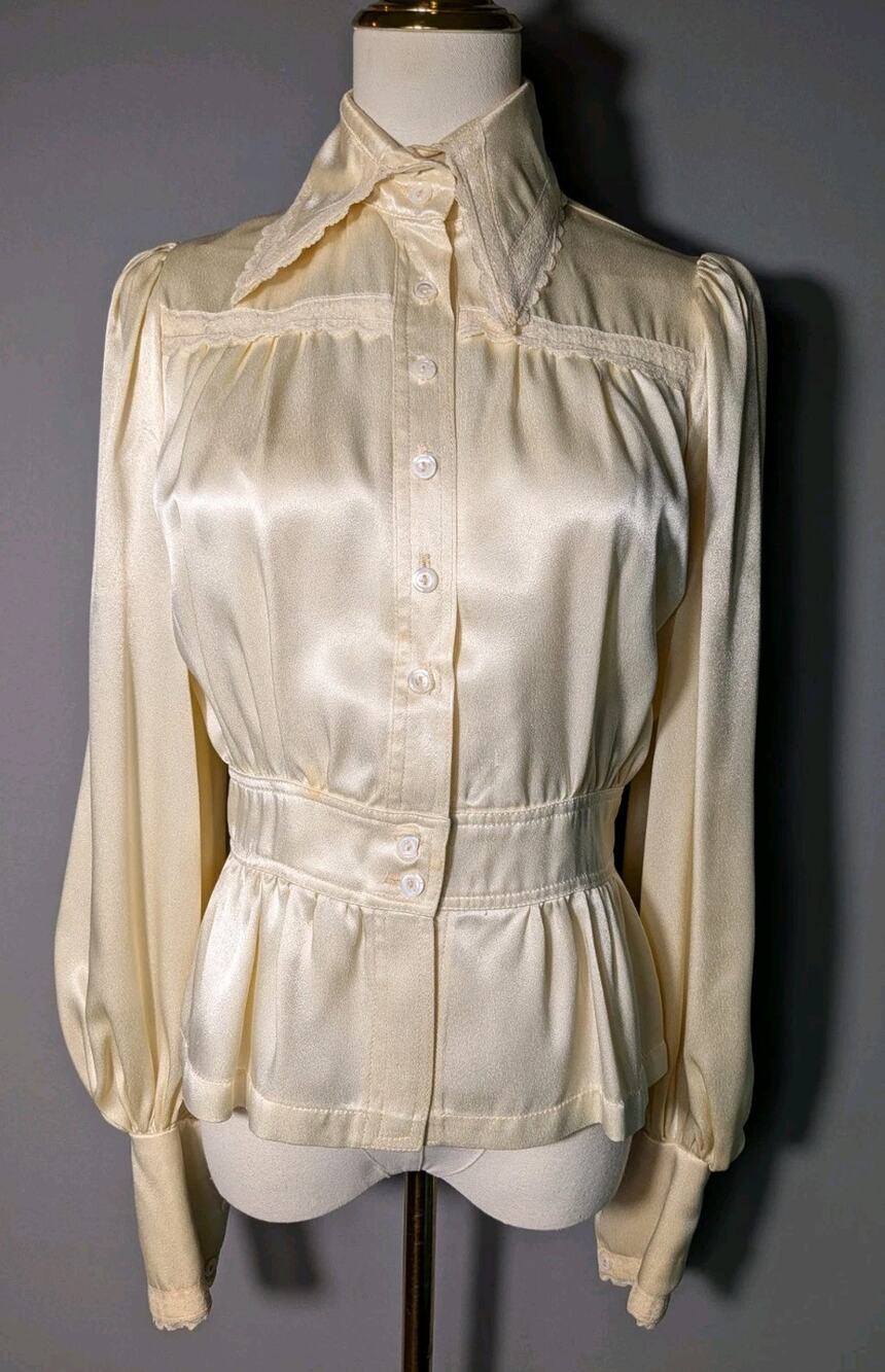 Vintage Ivory Satin Lace Trim Prairie Victorian Cottagecore Peplum Blouse S